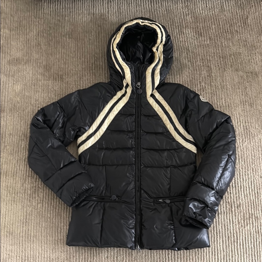 Moncler Black Puffer Jacket with Cream Stripes